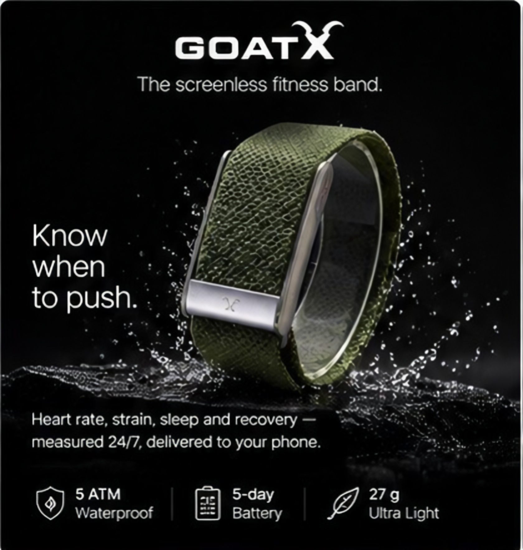 GOATX band tracking heart rate, strain, sleep, recovery, water resistance, and battery life