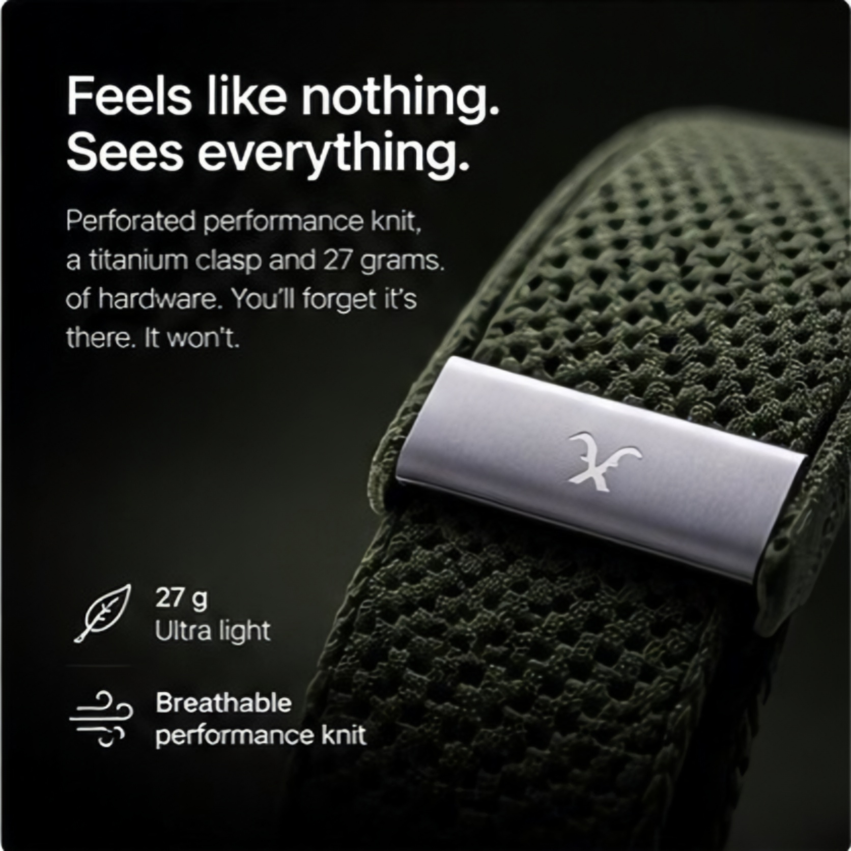 Close-up of GOATX performance-knit band and titanium clasp hardware